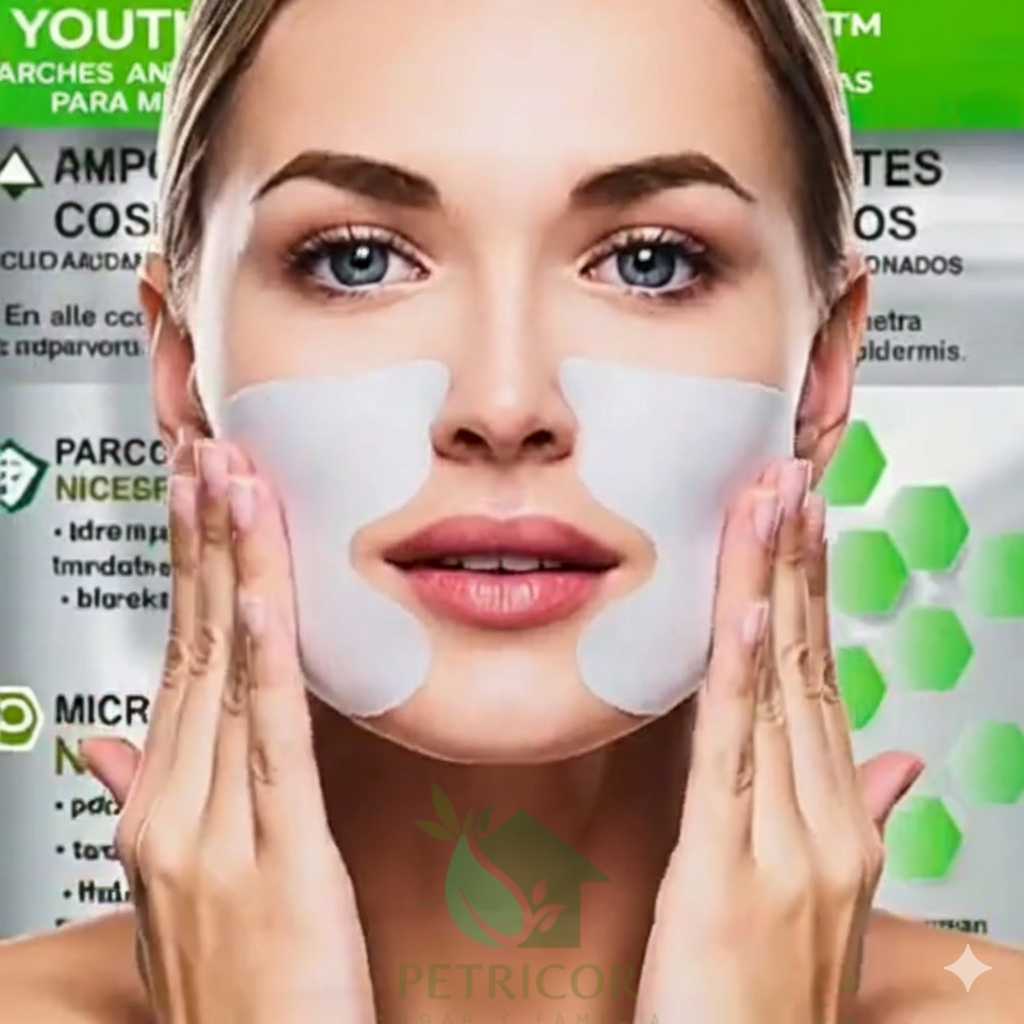 Mujer aplicando YouthLift™ Parches Antiarrugas directamente en mejillas, mostrando el modo de uso. Petricor Hogar y Familia.