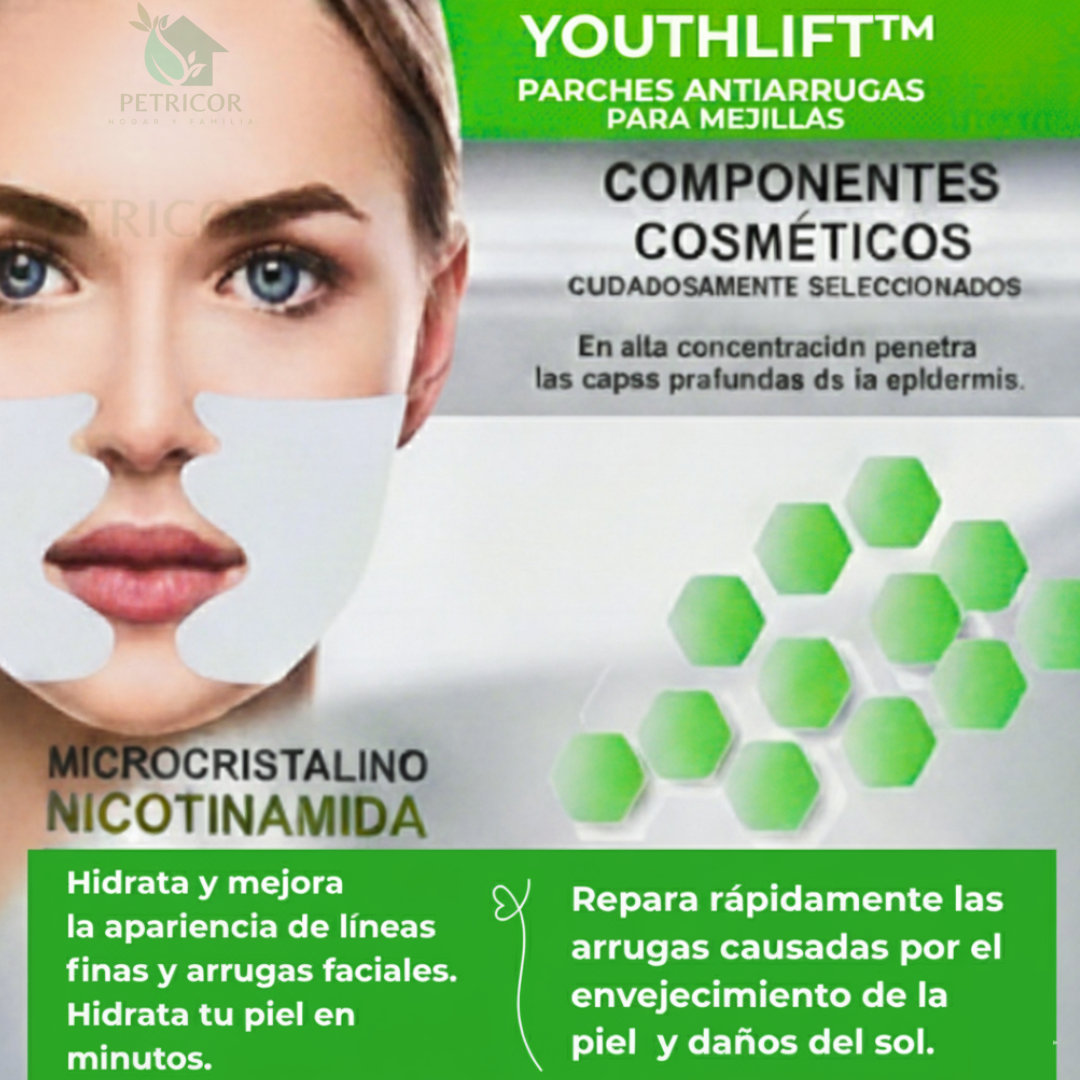 YouthLift™ Parches Antiarrugas para Mejillas. Empaque con modelo y detalle de ingredientes (Nicotinamida) y beneficios claros. Petricor Hogar y Familia.